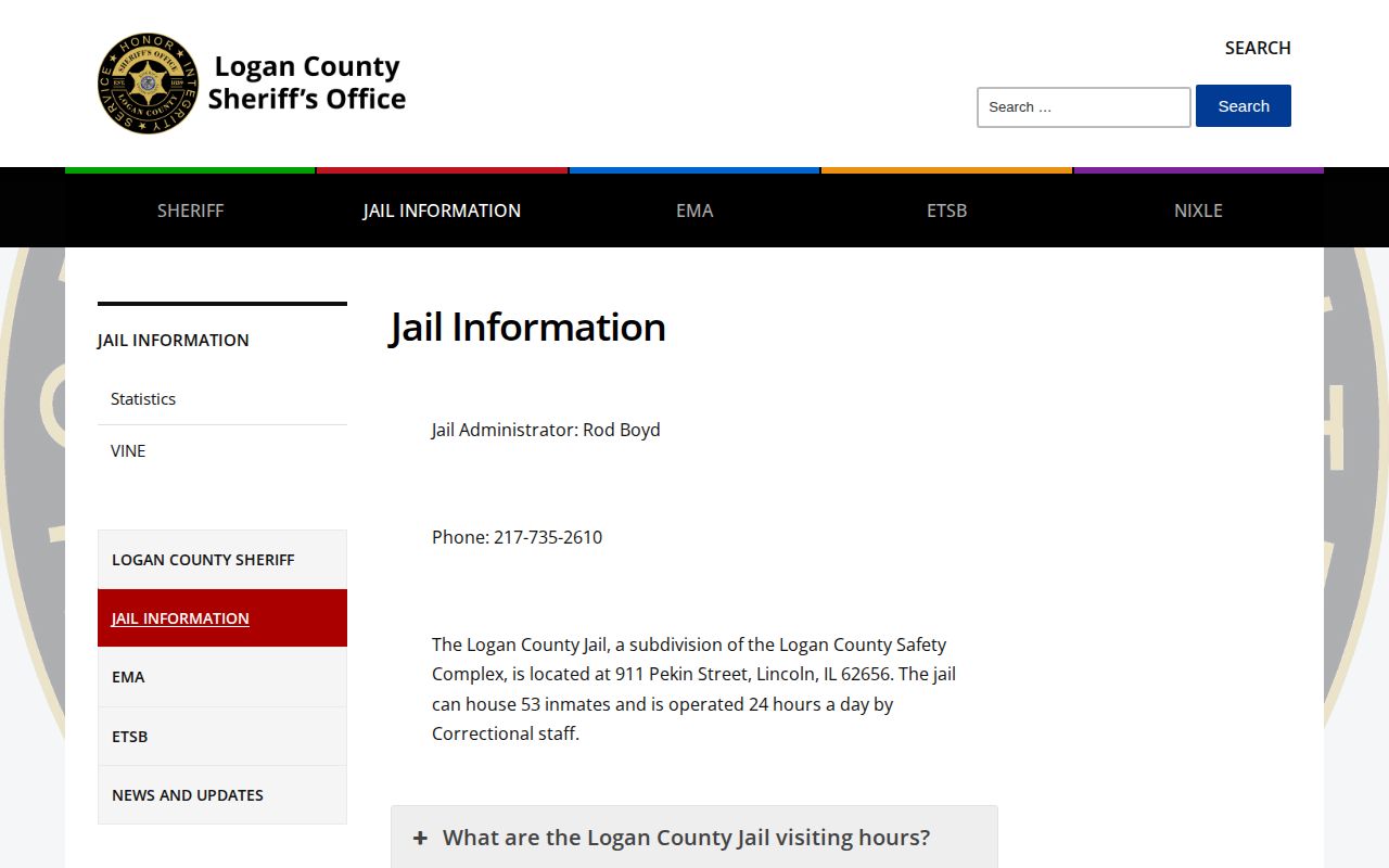 Official Logan County Jail information page with custody and court resource links