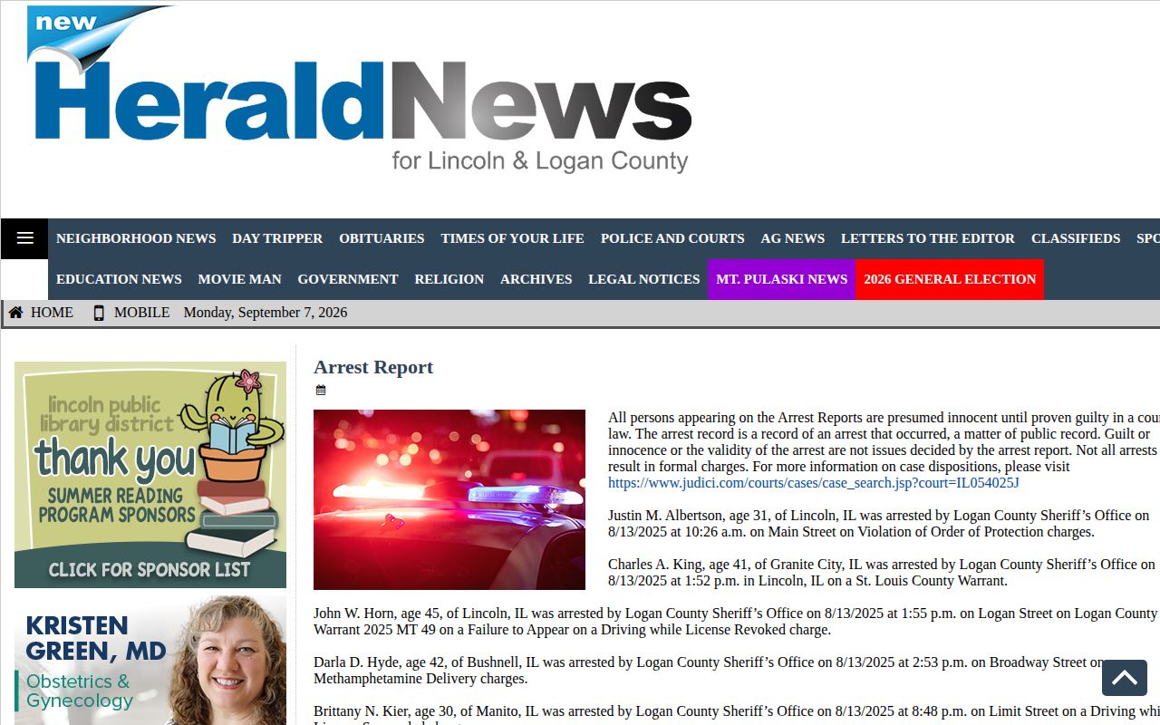 New Herald Logan County arrest report with text entries and innocence disclaimer